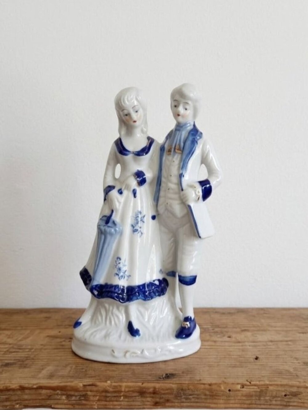 Vintage Blue and White Porcelain Courting Couple Figurine Colonial Regency 10"